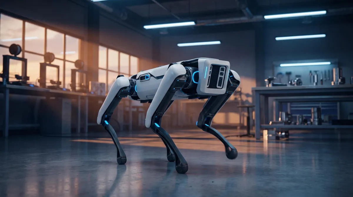 Quadruped robot walking in a workshop