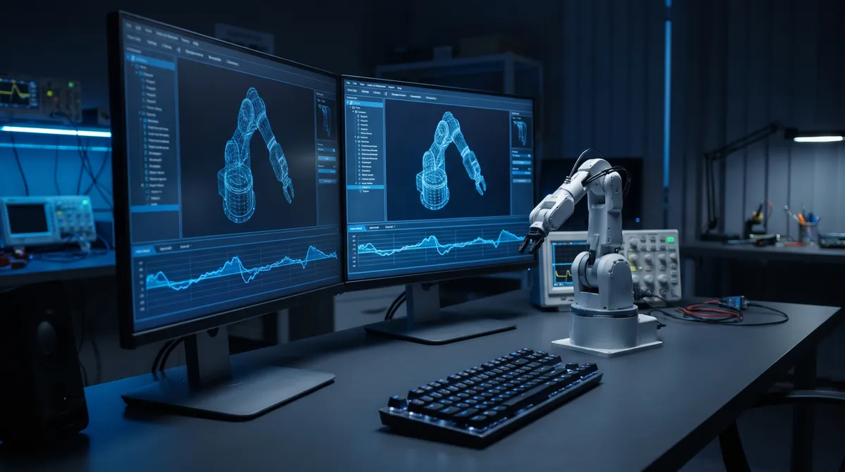 Monitors showing a robot arm simulation